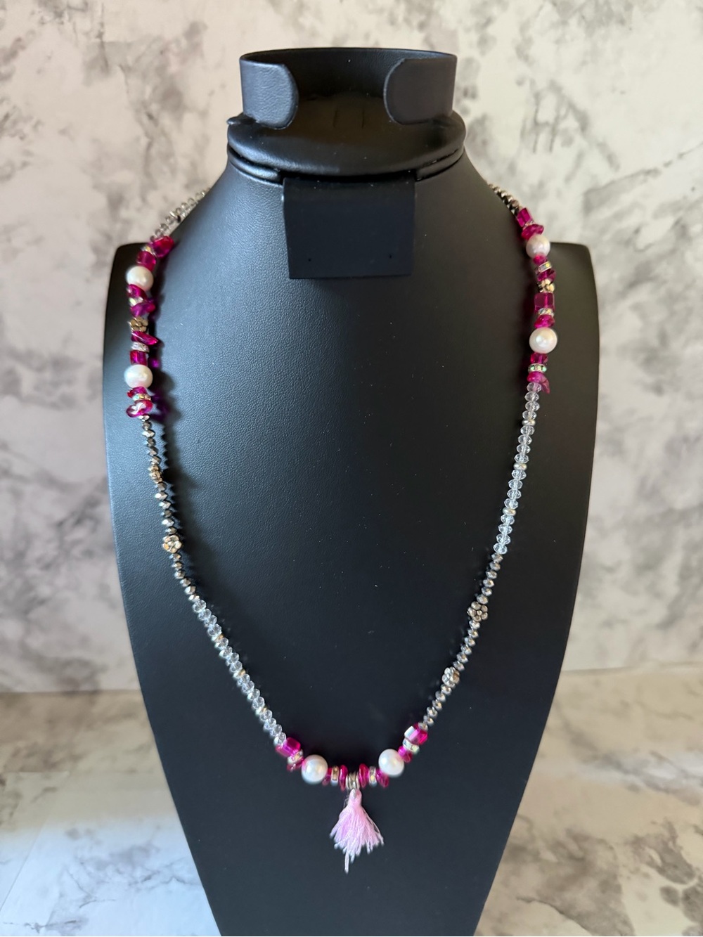 Pink & Faux Pearl Beaded Tassel Necklace - Women Jewelry - 3 strands. Ea. $20